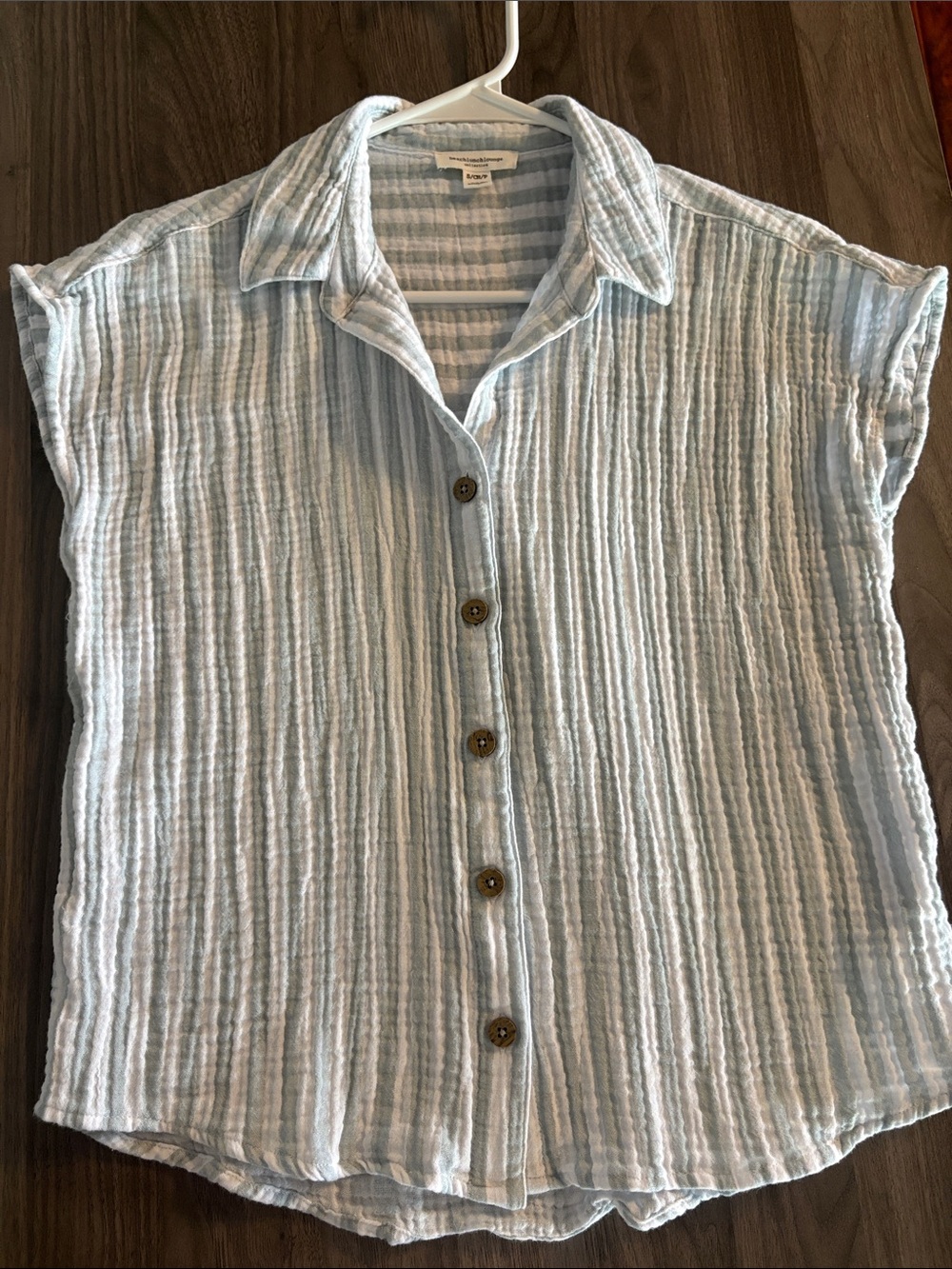 100% Cotton | Pale Green and White Striped Button-Down | Gauze Top - Picture 5 of 16